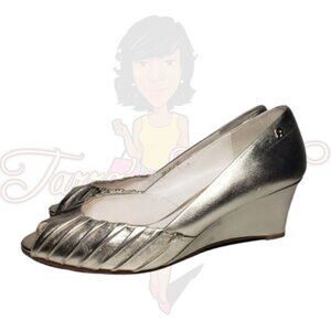 Etienne Aigner Uma Gold Peep Toe Slip-On Wedges